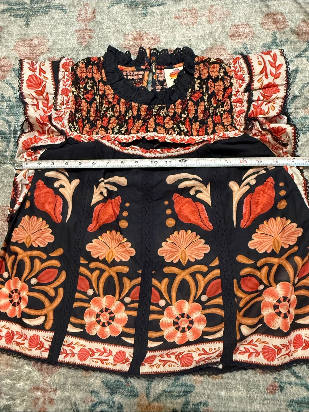 FARM Rio Black Floral Smocked Ruffle Sleeve Top with Orange Accents - Picture 10 of 16